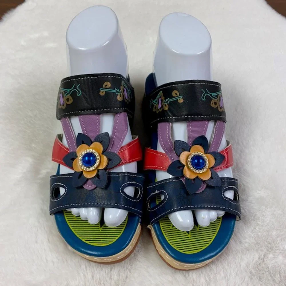 Colorful Hook and Loop‎ Summer Boho Wedge Sandals, size EU 35, US 5
